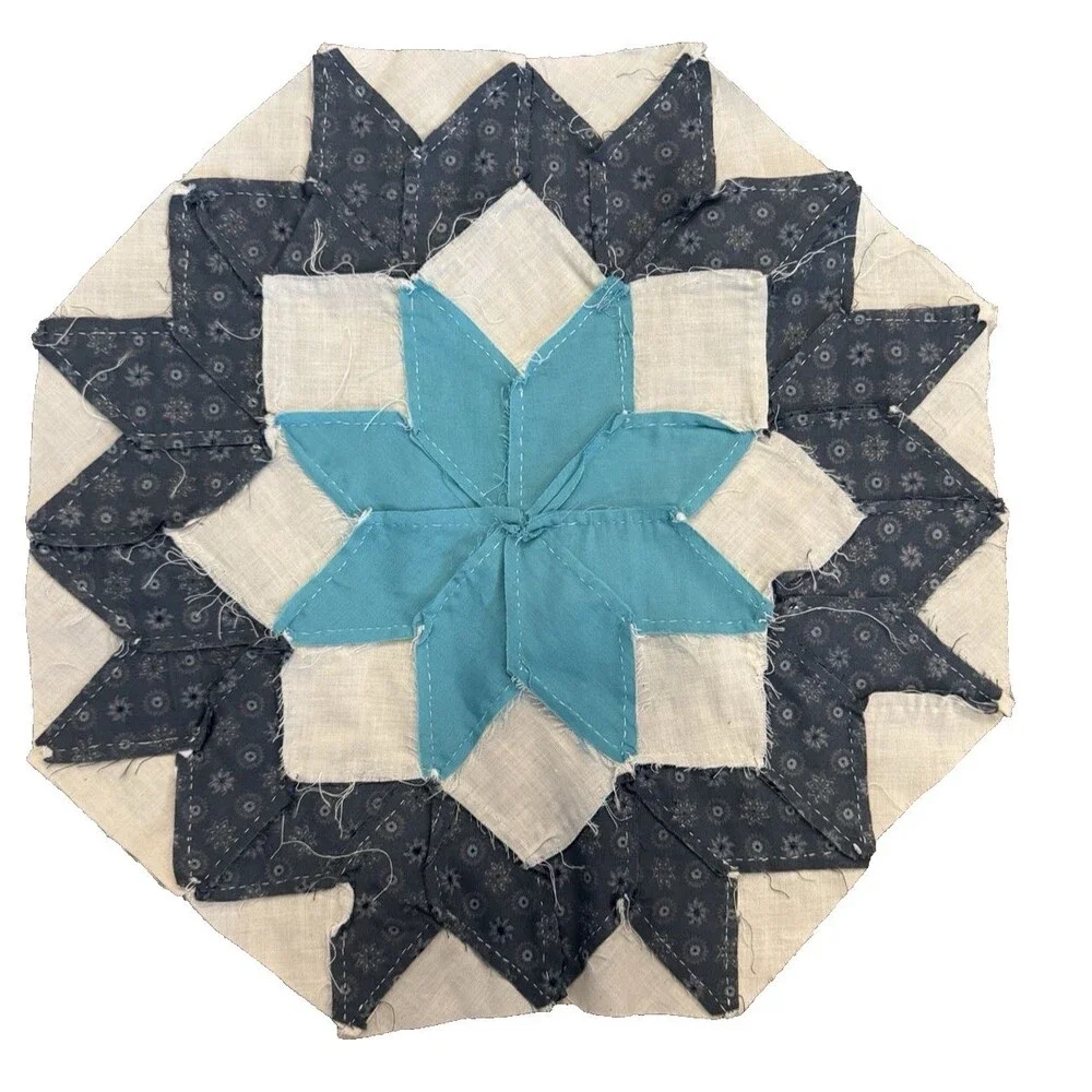 Vintage Hand Pieced Quilt Block Orphan Square 8-Point Star bright teal/navy 14